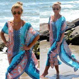 Boho Summer Printing Beach Dress Women Bathing Suit Cover Ups Sarong Bikini Long Robe Pareo Tunic Capes Kaftan Coverup 220524