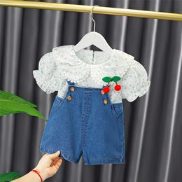 Baby Girl Clothes Summer Cute Puff Sleeve Toddler Outfit Lace Lapel Flower Print Siamese Sling Sweet Princess 2-Piece Set 220507