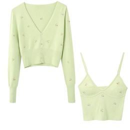 2020 sunmmer new women s Embroidery Green Cropped knit cardigan Casual two pieces set fashion streetwear sexy female crop tops LJ200815