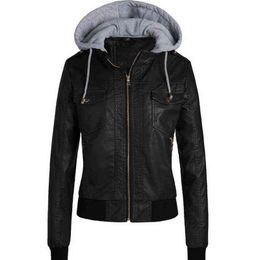 Winter New Faux Leather Jacket Women Removable Hoodies Coats Ladies Casual Jackets Waterproof Motorcycle Hooded Coats WF164 L220728