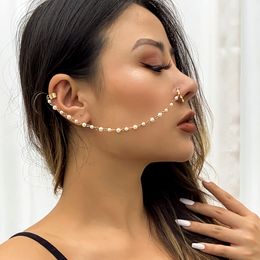 Bohemia Sexy Women Clip Earrings Geometric Pearl Pendant Tassel Chain Earrings Fake Nose Piercing Nose Clip Summer Jewelry