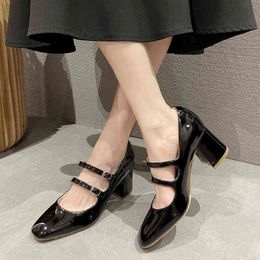 Dress Shoes Rimocy Thick High Heels Mary Jane for Women Spring 2022 Fashion Double Buckle Strap Pumps Black Patent Leather 220516
