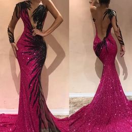 new arrival sexy see through pink sequined evening dresses with long sleeve one shoulder formal princess mermaid evening gowns