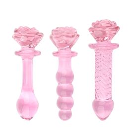 Pink Rose Crystal Glass Dildo Realistic Penis Beads G-spot Anal Plug sexy Toys Female Couple Adult