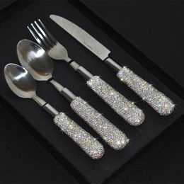 Dinnerware Sets Tableware Set With Crystal Sparkle Handle Stainless Steel Cutlery Kit Steak Knife Fork Spoon Flatware SetsDinnerware