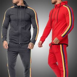 Autumn Men Fashion Striped Long Sleeve HoodiesPants Sets Male Zipper Tracksuit Sport Suit Mens Gyms Set Casual Sportswear Suit 201116