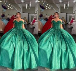 2022 Hunter Green Off Shoulder Prom Sweet 16 Dresses Glitter Tulle Applique Beaded Lace-up Empire Waist Quinceanera Dress Guest
