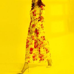 Ethnic Clothing Maxi Dresses For Women Muslim Yellow Floral Print Fashion Crew Neck Long Sleeve Patchwork Female Robe Party Gowns 2022Ethnic