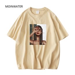 MOINWATER Abstract Print T-shirts for Women Khaki Green Cotton Short Sleeve Summer Tops Lady Oversized Tees MT21039 220328