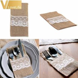 50pcs Burlap Lace Cutlery Pouch Wedding Decoration Tableware Hessian Rustic Jute Table Decoration Christmas Decorations For Home 201201