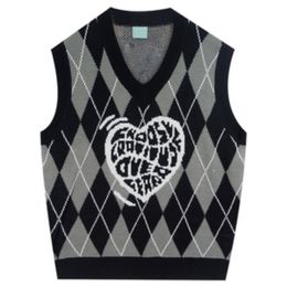 Deeptown Black Gothic Sweater Vest Women Heart Print Argyle Knittwear Fall Casual Mal Goth Oversized Streetwear Graphic Top 220715