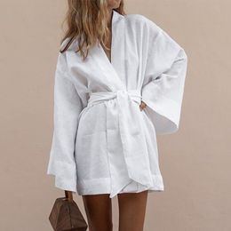 Women s V Neck Kimono Cardigan Mini Dress White Cotton Linen Long Sleeve Sashes Lace Up Dresses Women Summer Loose 220618