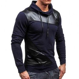 Faux Leather Sweatshirt Men Sweatshirts Contrast Colors Drawstring Long Sleeve 2021 Sweatshirt Autumn L220725