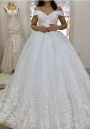 Luxury Crystals Beaded A Line Wedding Dress Off The Shoulder Lace Appliqued Ivory Tulle Bridal Gowns Court Train Open Back Lace-Up Plus Size Bride Dresses 2022