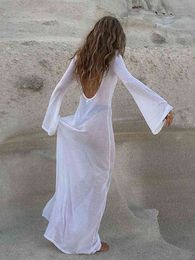 Women Sexy Backless See Through Long Dress Lady Chic Elegant Long Sleeves Beach Trasparent Dresses 2022 Summer Fashion Mesh Robe T220818