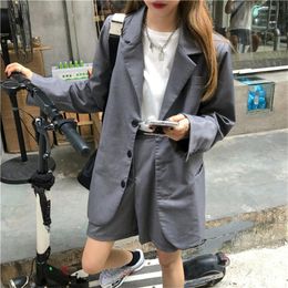 Women's Tracksuits PLAMTEE Grey Women Suits Casual Elegant Chic Office Wear Blazers Work Spring 2022 High Waist Wide Leg Shorts