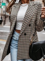 Plaid Blazer Jacket Women Spring Autumn Long Sleeve Casual Slim Khaki Woman Coats Fall Elegant Office Suit Coat