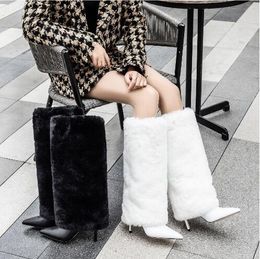 Winter Black White Pink Mink Fox Fur Pointed Toe Knee High Boots Women Stiletto High Heel Slip On Tube Long Pants Boots Shoes