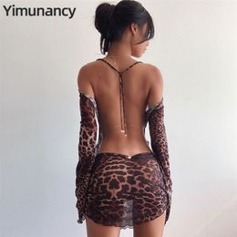 Yimunancy Leopard Print Backless Dress Women Long Sleeve Mesh Dress Spring Halter Transparent Sexy Club Dress Vestidos 220505