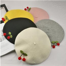 Berets Children's Adult Cherry Beret Autumn And Winter Warm Girl Pure Colour Cute Japanese Handmade Fashion Parent-child Painter HatBeret