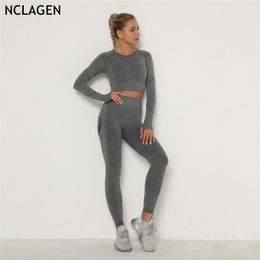 NCLAGEN Seamless Yoga Suit High Waist Fitness Pants Women Tight Long Sleeve Shirts Impact Sports Gym Workout Running Set 220330