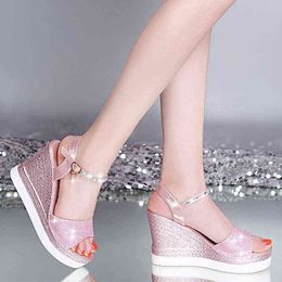 Lucyever 2022 Summer Women's Wedges Sandals Shiny Crystal Ankle Strap Platform Sandals Woman Peep Toe High Heels Ladies Shoes Y220421