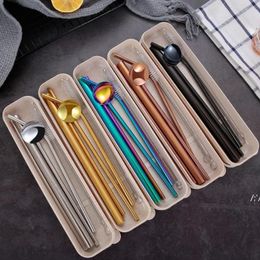 Reusable 304 Stainless Steel Straw Set Straight Bent Drinking Straws Cleaning Brush Spoon 7pcs/set With Mini Box BBB14661