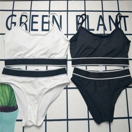Sexy Split Swimsuit Solid Bikini Set Sports Swimwears High Waist Wth Pads Ladies Bathing Suit Summer Sling Swimming Black White Colour