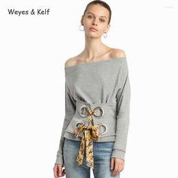 Women's Blouses & Shirts Weyes & Kelf Off Shoulder Hollow Out Elastic Female Lady 2022 Women Grey Sweet Lace Up Waist Blusas MujerWomen'