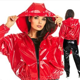 Sweatshirts Women's Hoodies & Sweatshirts Women PVC Patent Leather Jacket Casual Latex Coat Shiny PU Loose Crop Tops Plus Size Zipup Nightclu