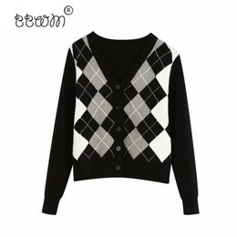 2020 Women England Style Argyle Contrast Colours Cardigans Vintage Single Breasted V Neck Sweaters Female Chic Jumpers LJ200818