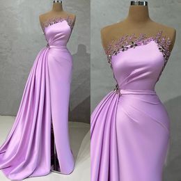 Elegant Satin Mermaid Prom Dresses With Tarin Side Split Sheer Neck Appliqued Bead Plus Size Women Gowns Formal Evening Dress