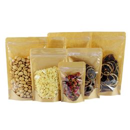 100pcs Thick Clear Front Kraft Paper Stand up Storage Bags One Side Clear Coffee Beans Dried Fruit Bakery Snack Party Candy Xmas Gifts Resealable Zipper Pouches