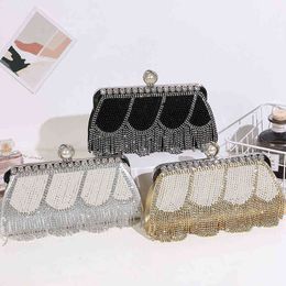 Evening Bags Diamond Crystal Tassels Women Bag Pearl Beads Evening Clutch Wedding Handbag Pu Retro Party Purse Silver Luxury Small Sac X793h 220325