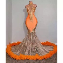 Black Girls Orange Mermaid Prom Dresses 2022 Raso Perline Paillettes Collo alto Piume Gonna di lusso Abiti da cerimonia per feste da sera per le donne