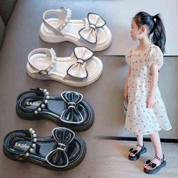 Little Princess Kids Fashion All-match Bow Flat Temperament Sandals 2022 Children New Summer Open-toe with Pearl Cute Dress Shoe G220418