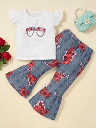 Toddler Girls Glasses Print Ruffle Trim Top & Floral And Plaid Print Flare Leg Pants SHE