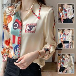 Women's Blouses & Shirts Elegant Casual Button Patchwork Printed Chiffon Shirt Spring Autumn 2022 -Neck Long Sleeve Loose Tops Women's C