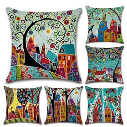 Pillow Case Hand-Painted Retro Rural Colour Cities Cushion Cover 45 45cm Linen Throw Car Home Decoration Decorative Pillowcase CasePillow