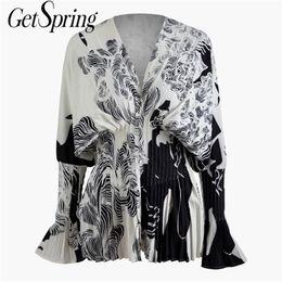 GetSpring Women Blouse Shirts Elegant Printed Women Shirts Pleated Long Sleeve V Neck White Shirt Ladies Tops Printed Blouses 210303