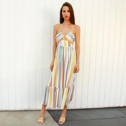 Casual Dresses Women Coloful Striped Linen Sling Long Dress Strapless Elastic Chest Lady Vacation Leisure Lace Up Neck Robe 2022