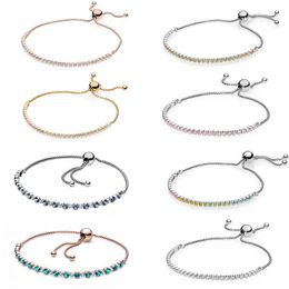 2020 NEW 100% 925 Sterling Silver Rose Turquoise Sparkling Slider Tennis Bracelet Fit DIY Women Original Fashion Jewellery Gift AA220315