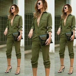 Women's Jumpsuits & Rompers Brand Sexy Women Slim Bodycon Jumpsuit Long Sleeve Army Green Solid Casual Bodysuit Ladies Vintage Romper Jumpsu