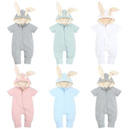 Summer kids Animal Bunny Ears Easter Rompers Short Sleeve Long Pants Ear Rabbit Hooded Rompers Jumpsuit with Zipper Solid Cotton Bodysuit