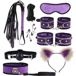 Nxy Sm Bondage Set Purple Plush Handcuffs Collars Gag Restraints Bdsm Exotic Sex Toys Whip Black 9pcs Kits Products for Adults Games 220426