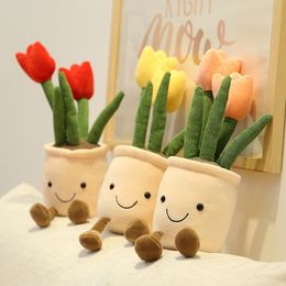 35cm Lifelike Tulip Succulent Plants Plush Stuffed Decoration Toy Soft Bookshelf Decor Doll Potted Flowers Pillow for Girls Gift 220531