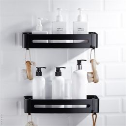 LIUYUE Bathroom Shelves Black Aluminium Square Holder Hooks Wall Mounted Shampoo Shelf Cosmetic Storage Rack Y200407