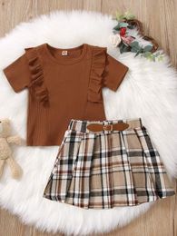Toddler Girls Ruffle Trim Tee & Plaid Pleated Skirt SHE
