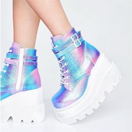 Winter Fashion High Platform Boots Leather High Wedges Ankle Boots Women New Female Punk Style High Heels Shoes For Woman 201104