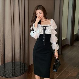 Casual Dresses Korea Autumn Fashion 2022 Women Lantern Sleeve Black White Spliced Diamonds Button Bow Little Elasticity Bodycon DressCasual